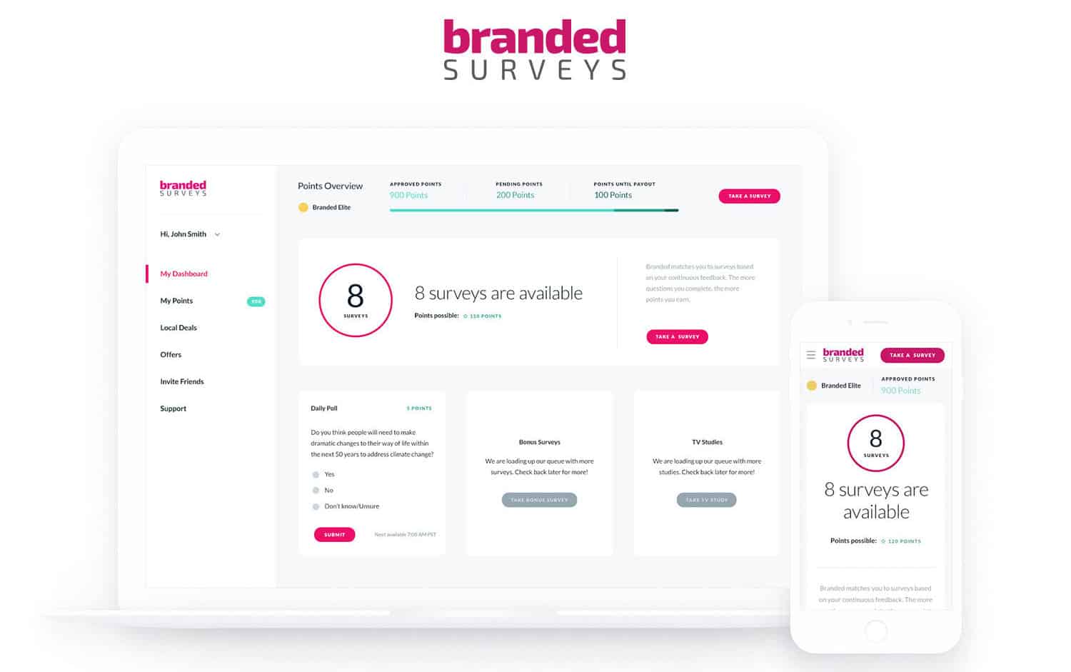branded surveys enhanced dashboard shows how many paid online surveys are available to member users 