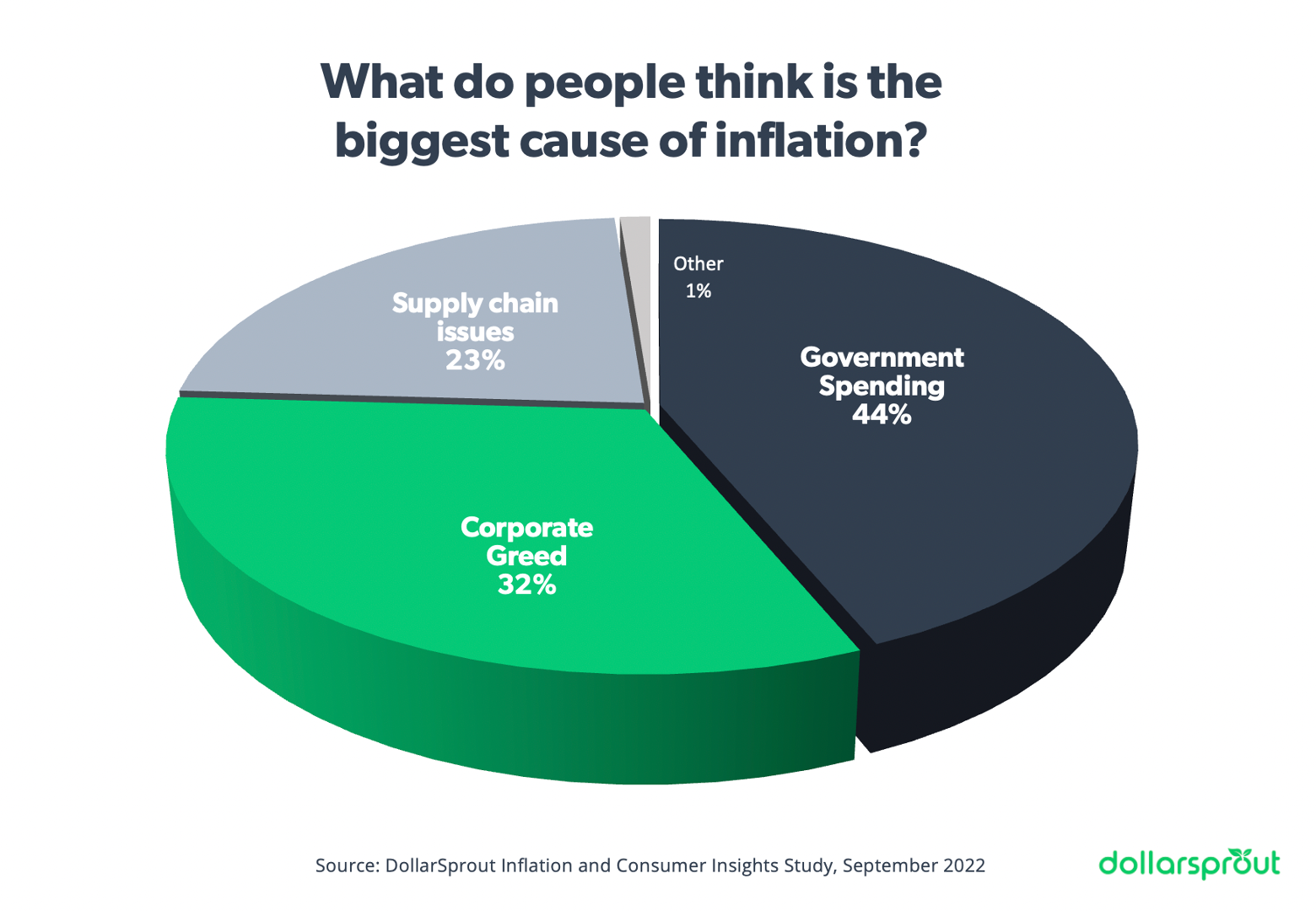 Pie chart showing that 44% of Americans believe government is the leading cause of inflation, with 32% saying corporate greed and 23% citing supply chain issues.