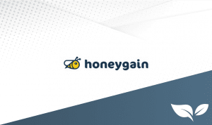 Honeygain logo on a textured background with DollarSprout leaf logo in the corner