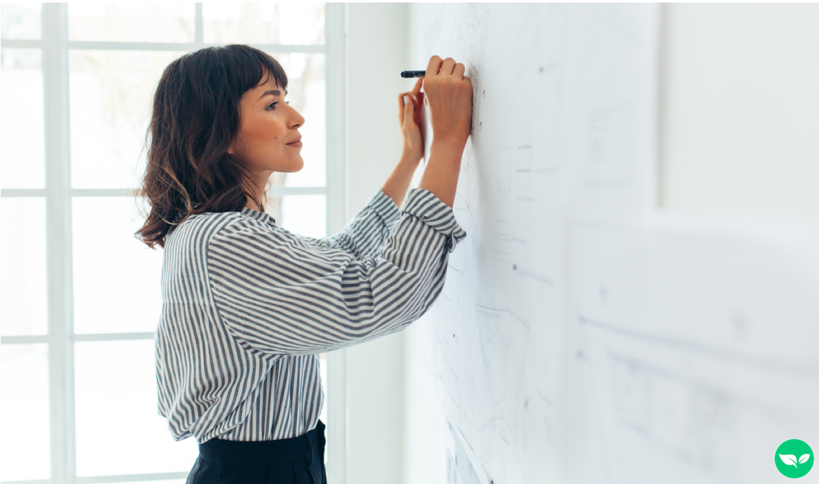 Woman with a whiteboard mapping out her marketing strategy