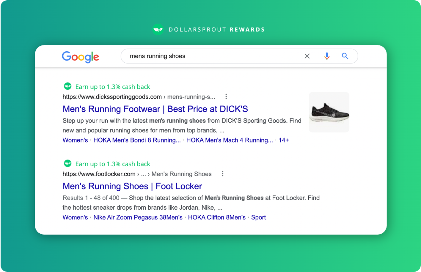 DollarSprout Rewards cash back browser extension showing deals in Google search results